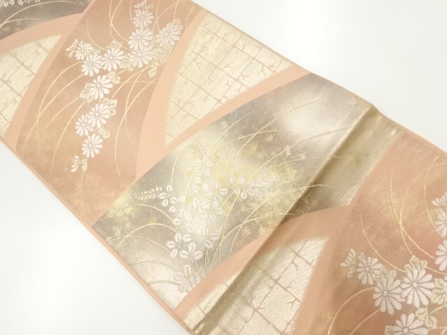 JAPANESE KIMONO / ANTIQUE FUKURO OBI / SILK / WOVEN WAVES & AUTUMN PLANTS
